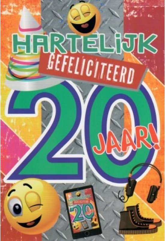 Hartelijk gefeliciteerd! Je bent 20 jaar geworden! Een kleurrijke wenskaart met blije smileys en een mobieltje. Een leuke kaart om zo te geven of om bij een cadeau te voegen. Een dubbele wenskaart inclusief envelop en in folie verpakt.