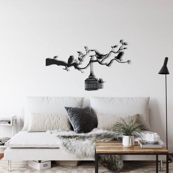 Wanddecoratie | Vogels en Kooi / Birds and Cage| Metal - Wall Art | Muurdecoratie | Woonkamer | Buiten Decor |Zwart| 100x61cm
