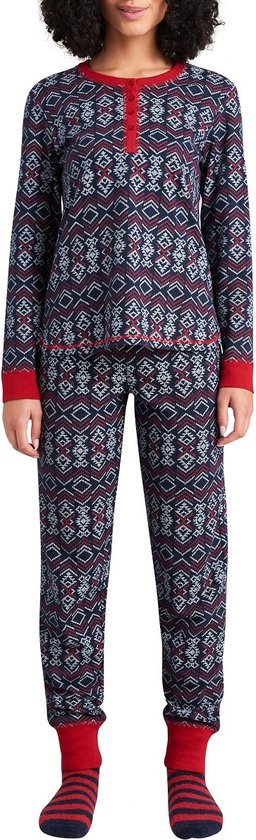 Schiesser damespyjamaset met sokken - marineblauw, rood, wit - maat 42 – XL