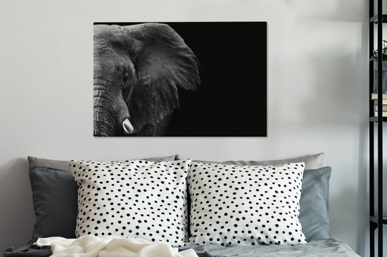 Peinture sur Toile - Animaux Sauvages - Éléphant - Zwart - Wit - Décoration murale - Toile - 60x40 cm - Canvasdoek sur Toile - Salon