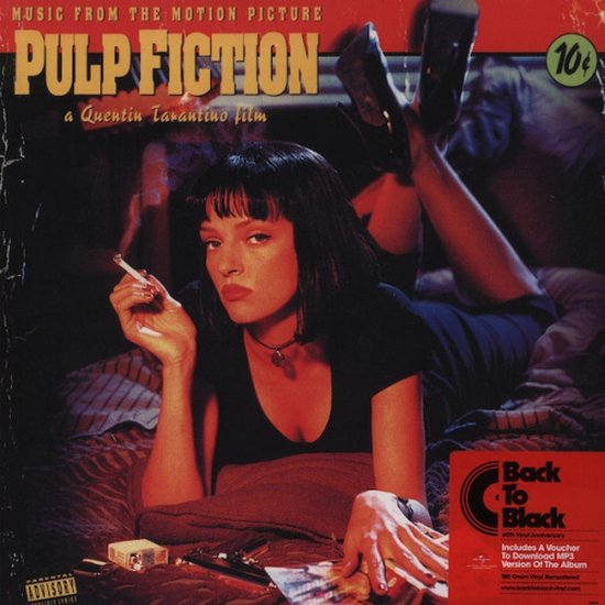 Pulp Fiction soundtrack LP hoes met Uma Thurman met tekst "Back To Black"