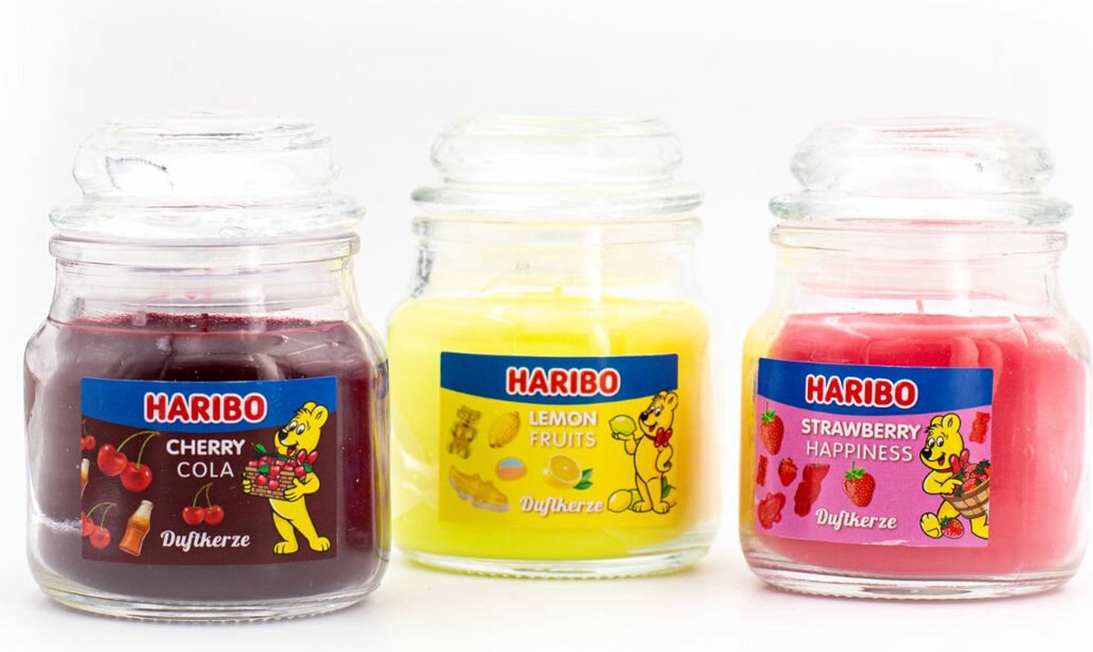Haribo Berry Mix, Coconut Lime, Tropical Fun bougies parfumées Coffret cadeau 3x 85g