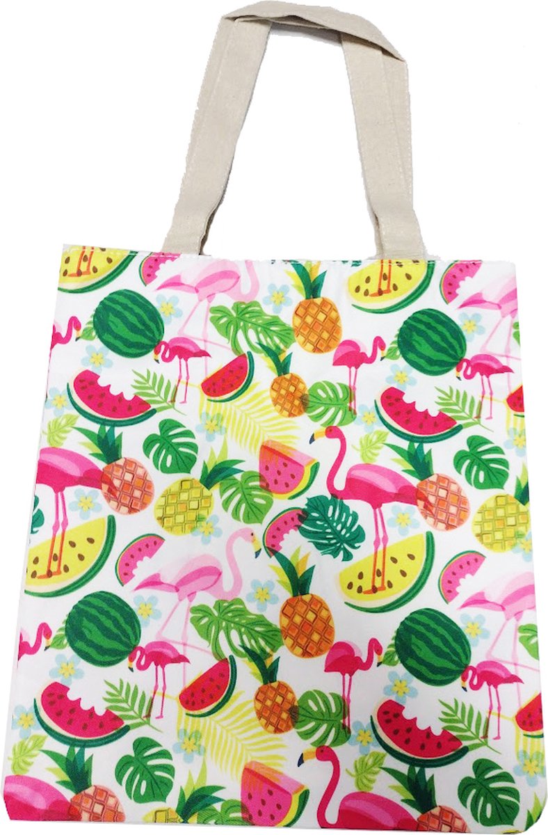Damestas Flamingo Meloen/Ananas - Shopper met ritssluiting - Schoudertas - Handtas - Zomer Strandtas