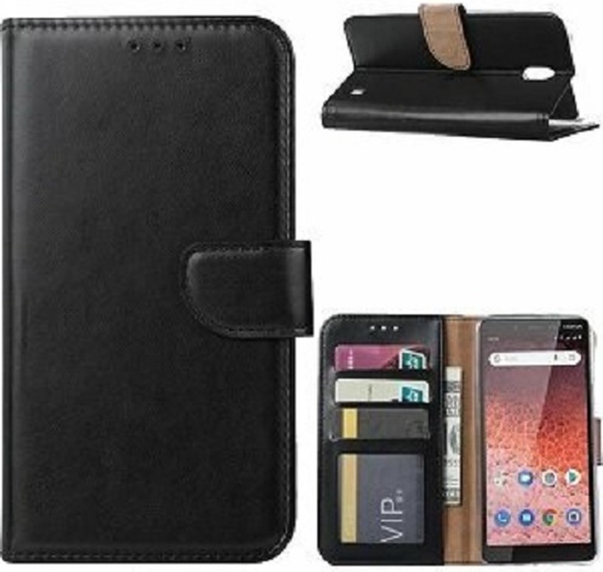 Nokia 1 Plus Hoesje Met Pasjeshouder Bookcase Zwart