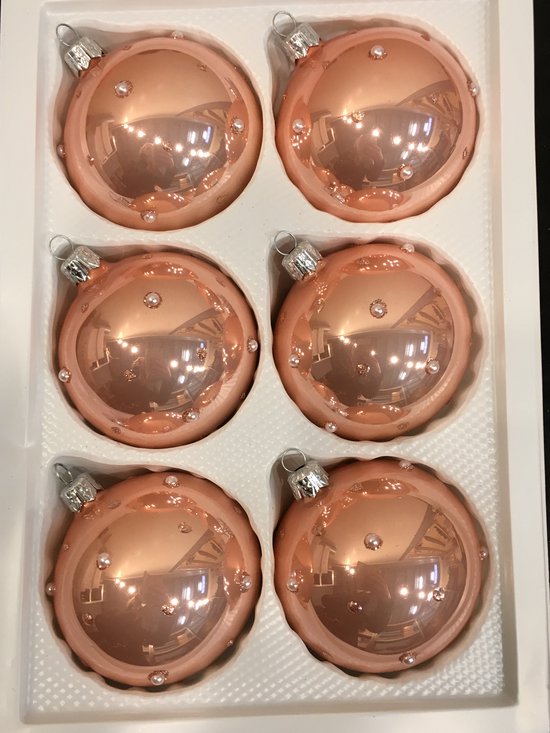 Doosje van 6 Oud Roze Kerstballen van 8 cm met kleine witte pareltjes