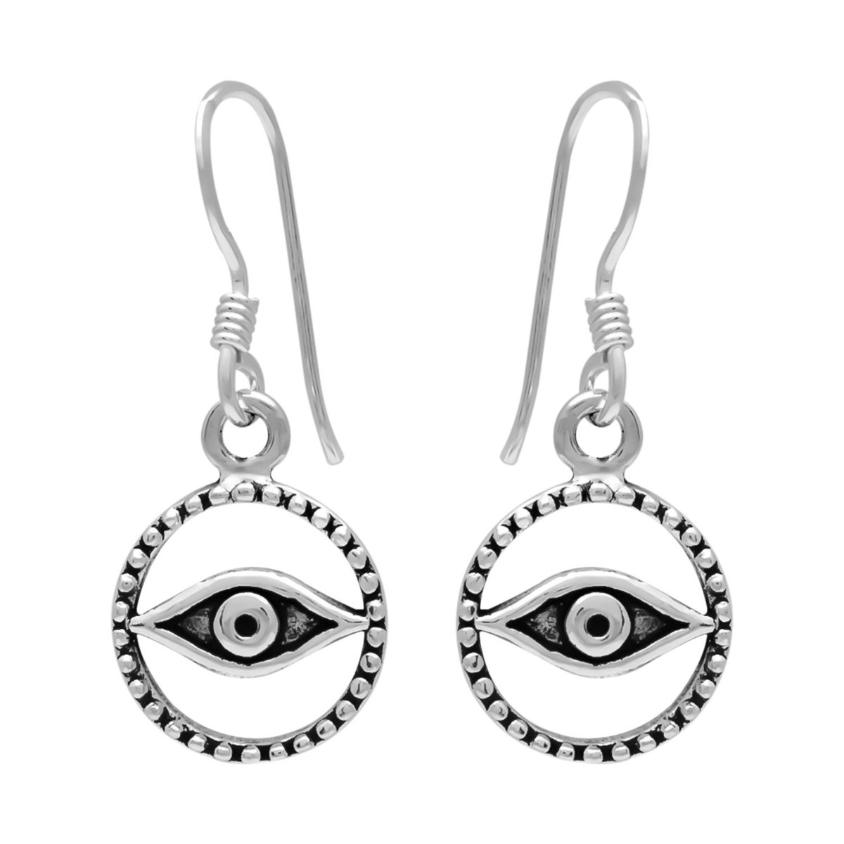 Zilveren oorbellen | Hangers | Zilveren oorhangers, cirkel met oog en bolletjes