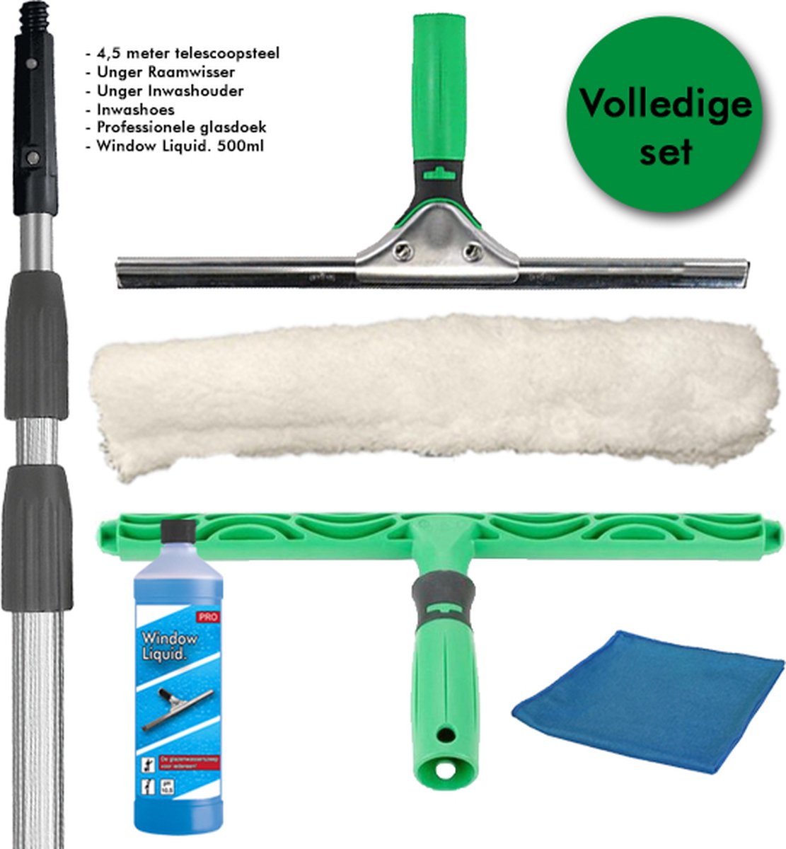 Goedkoopste Glasreinigingsset Professioneel 6in1 | Telescoopsteel 4m | 35cm Unger Ergotec raamwisser inwasser | GRATIS Octoclean Window Liquid. 500ml twv €9,99