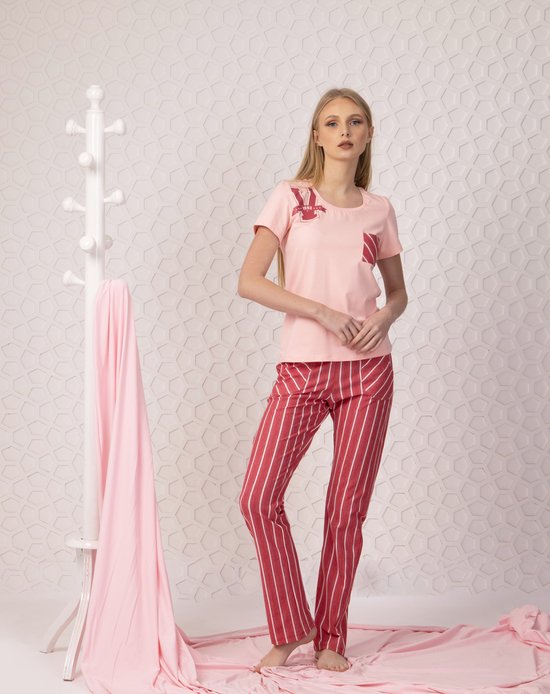 VANILLA - Stripes dames pyjama - Pyjamasets - Egyptisch katoen - Roze - 8903 - XL