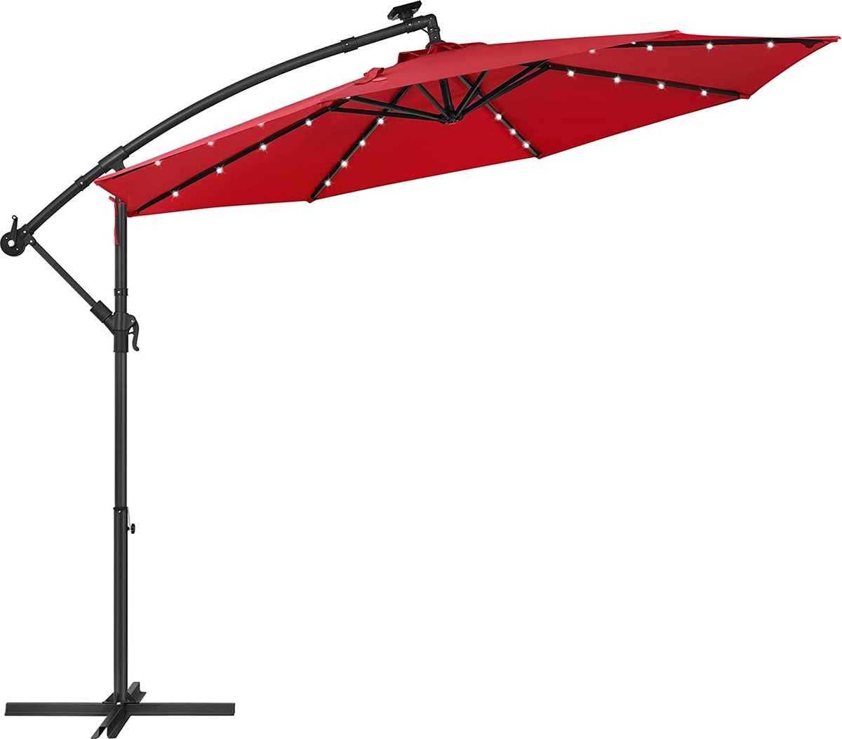 Hoppa! Parasol met kruisvoet 300 cm doorsnede rood met LED-verlichting op zonnecellen, uv-bescherming tot UPF 50+, kantelbaar, parasoldoek met PA-coating, voor tuin, terras