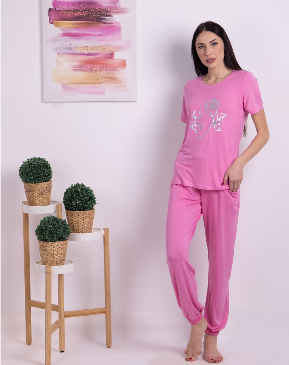 Vanilla FlowerFace dames pyjama - Pyjamasets - Tweedelig - Viscose - Roze - 1520