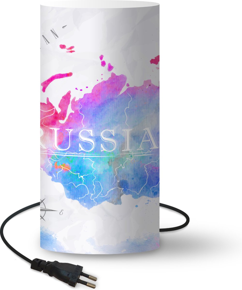 Lamp - Nachtlampje - Tafellamp slaapkamer - Wereldkaart - Rusland - Waterverf - 33 cm hoog - Ø15.9 cm - Inclusief LED lamp