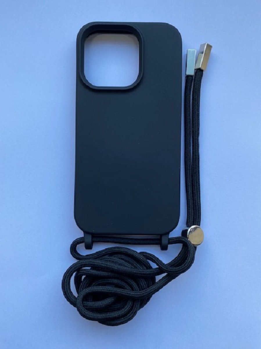 iPhone 14 Pro siliconen hoesje met koord - telefoonhoesje met koord - back cover met touwtje - zwart