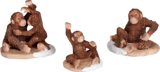 Luville - Orang-utan family 3 stuks - l6xb5,5xh6cm - Kersthuisjes & Kerstdorpen