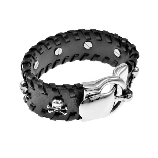 Bracelet Cuir Homme - Cuir Noir - Bracelet Large avec Crânes Acier  Inoxydable | bol