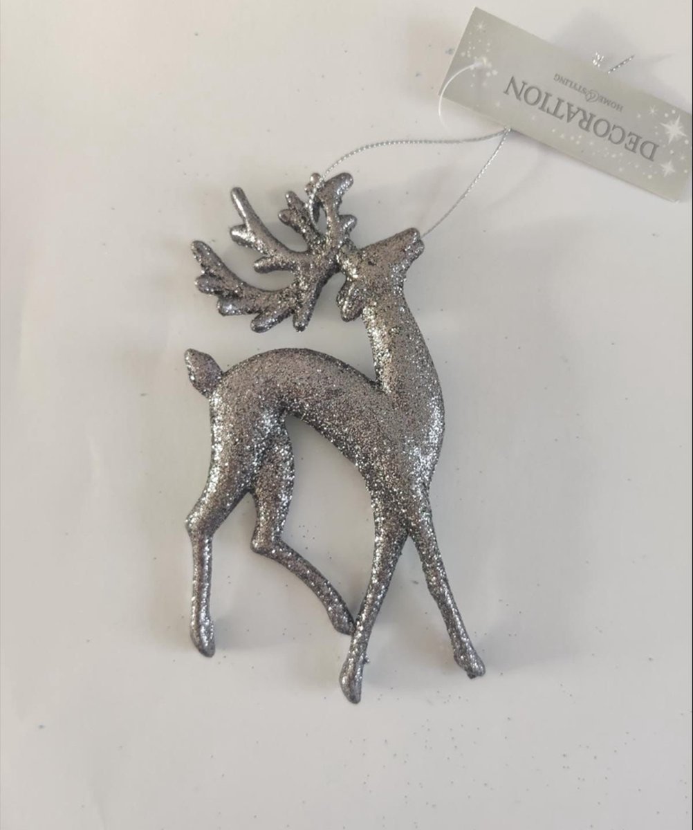 Kersthanger Hert - Zwart & Glitters - Kerstboom hanger - Lengte 7.5 cm x Breedte 1 cm x Hoogte 15.5 cm -
