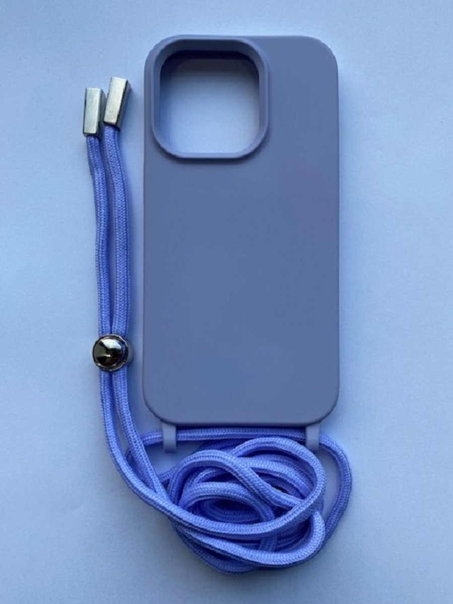 iPhone 14 Plus siliconen hoesje met koord - telefoonhoesje met koord - back cover met touwtje - lila