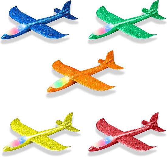 Combinatie pakket 5 XL zweefvliegtuig Met Verlichting blauw, geel, rood, groen, oranje - zweefvliegtuig speelgoed - Speelgoedvliegtuigen - Foam Vliegtuig