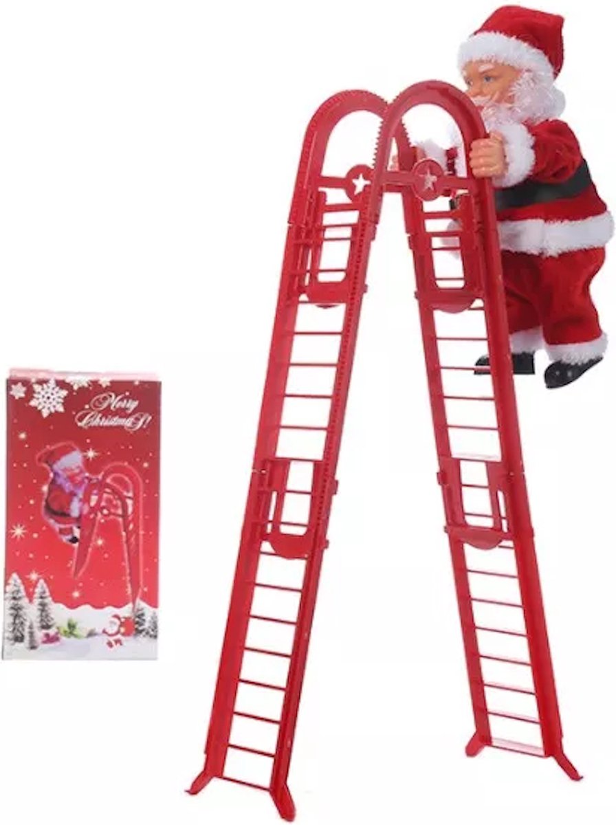 Klimmende Kerstman op A-ladder - 40 cm - Elektrisch Zingende Kerstman - Kerstversiering - Kerstdecoratie