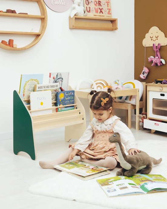 WFL - houten kinderboekenrek - Groen en Naturel - 41.9 x 41.4 cm - Montessori - boekenkast voor kinderen - kinderboeken- speelgoedrek - kinderkamerkast - bookcase - opbergrek