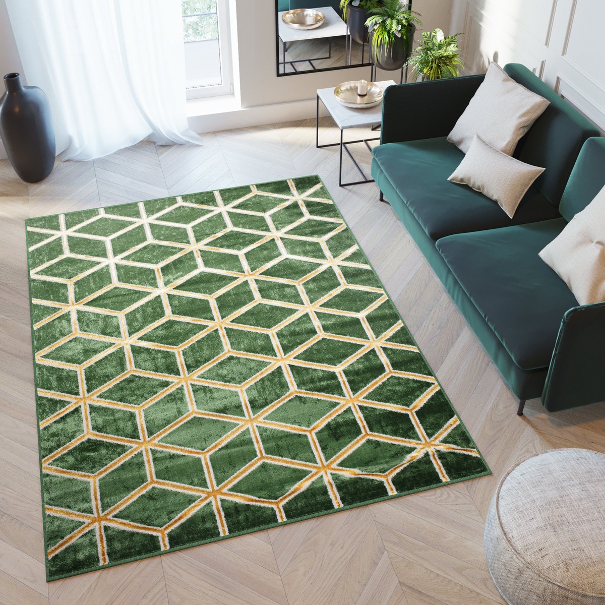Tapiso Turmalin Vloerkleed Groen Woonkamer Laagpolig Tapijt Maat- 120x170 Donkergroen Goudkleur 2