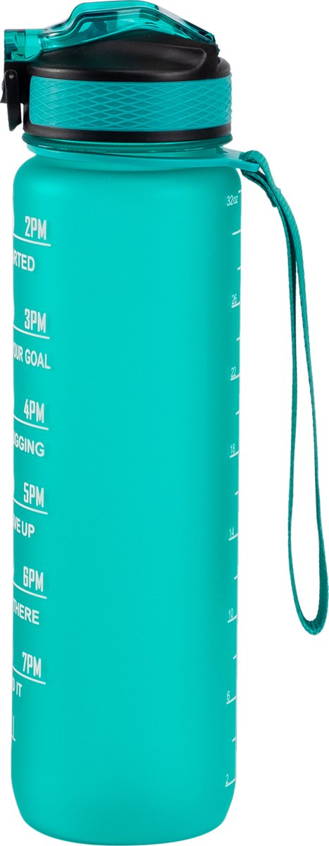 Motivatie Waterfles Turquoise - 1 Liter Drinkfles - Waterfles met Rietje - Waterfles met tijdmarkering - BPA Vrij - Volwassenen - Kinderen