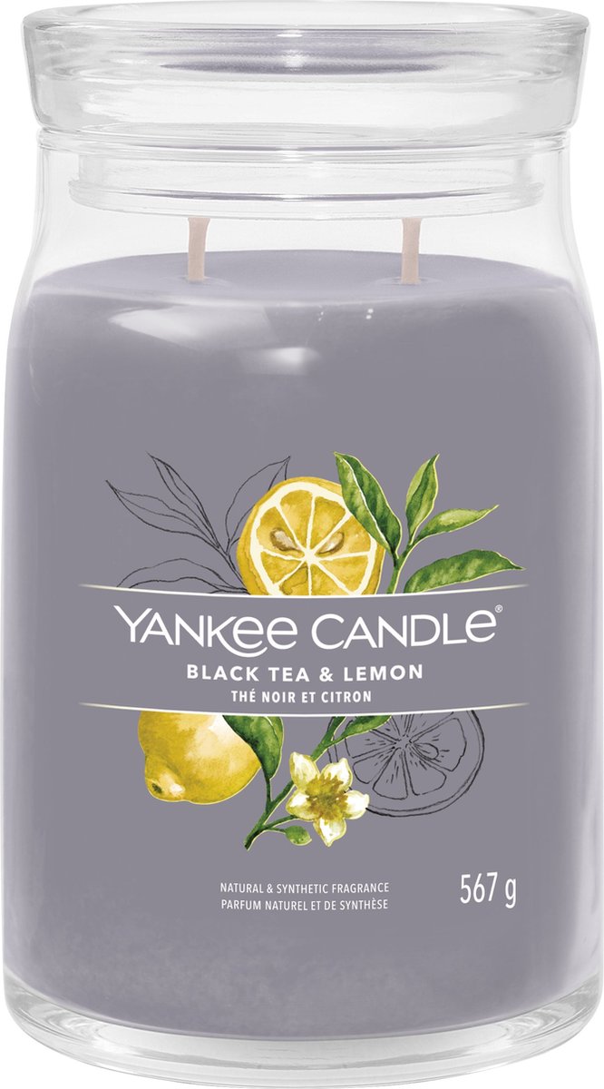 Yankee Candle Black Tea & Lemon Large Jar Geurkaars - 90 branduren - twee lonten Grijs