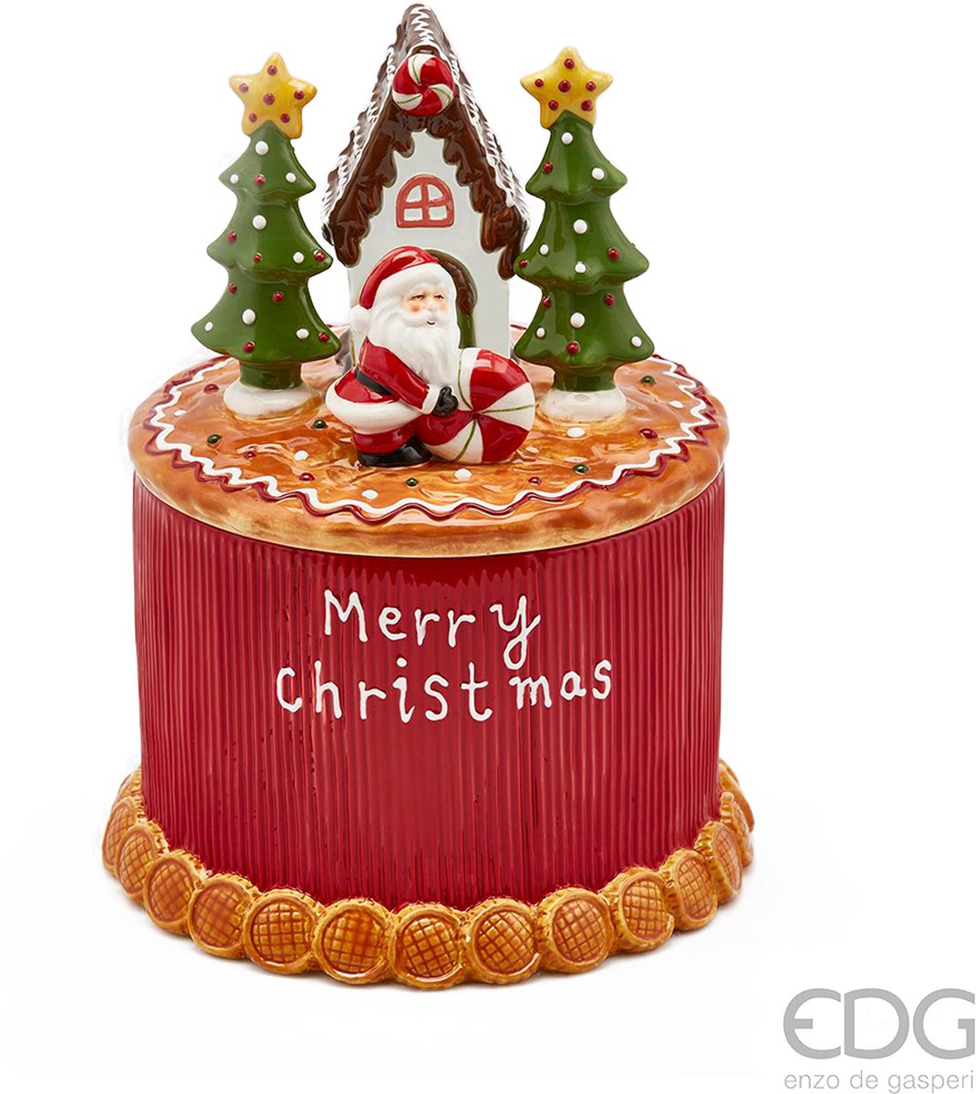 Viv! Christmas Kerstservies - Koektrommel Kerstman 'Merry Christmas' - groot - keramiek- rood groen wit - 29cm