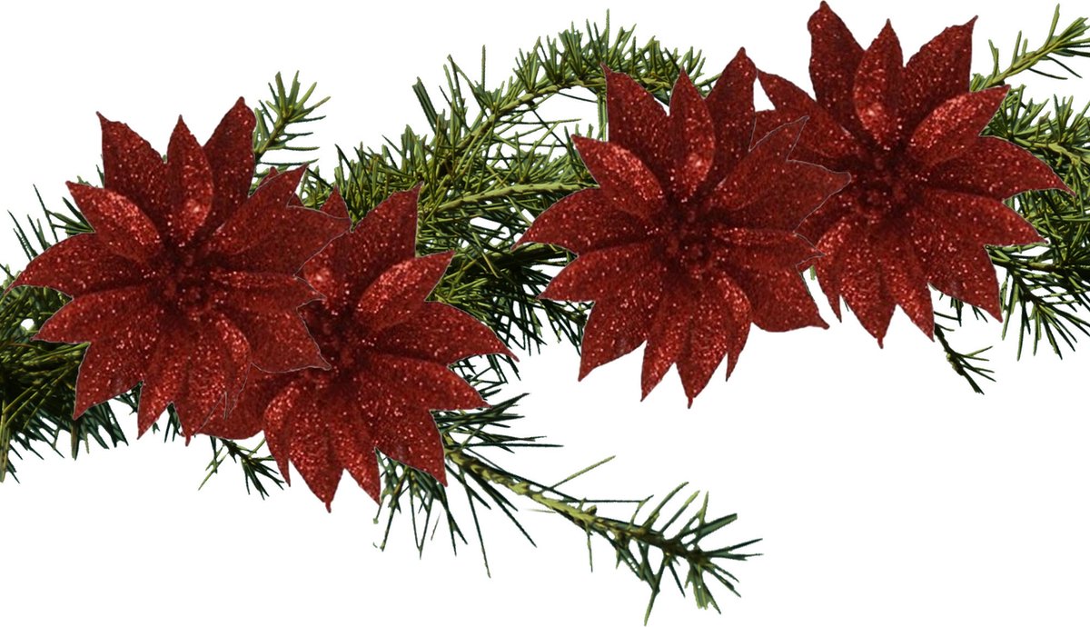 Gerimport Kerstboomversiering Bloemen - 4x stuks - 9 cm - rood glitter - op clip