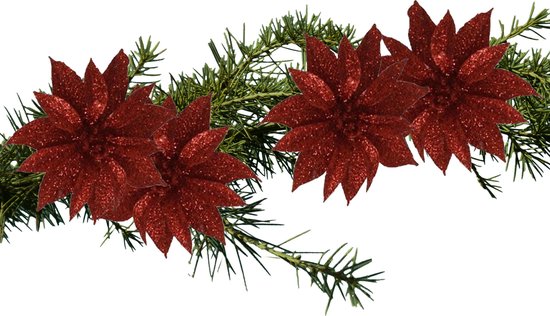 Gerim glitter decoratie bloemen op clip rood 9,5 cm - 4 st - Kerstboom ornamenten