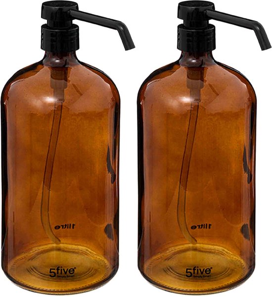 5Five Zeeppompjes/zeepdispensers van glas - 2x stuks - bruin - 1 liter
