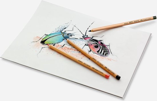 Drie Faber-Castell Pitt pastelpotloden op wit papier naast een schets van twee kevers, één blauwgroen, één zwart en roze.