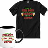 Kerst een goed excuus om te zuipen - foute bier kersttrui - T-Shirt met mok - Meisjes - Zwart - Maat 12 jaar