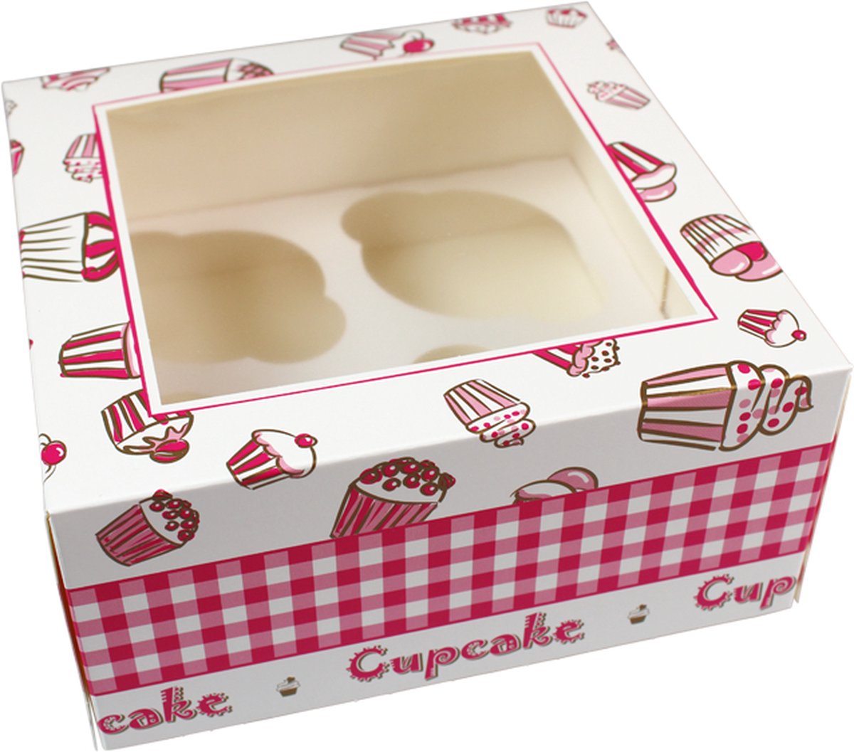 Cupcake vensterdoos - karton/PLA - 170x170x80mm - wit/Roze - 100 stuks