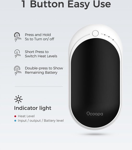 Ocoopa 118S - Chauffe-mains avec batterie externe, USB-C, Rechargeable, 5200mah, Noir