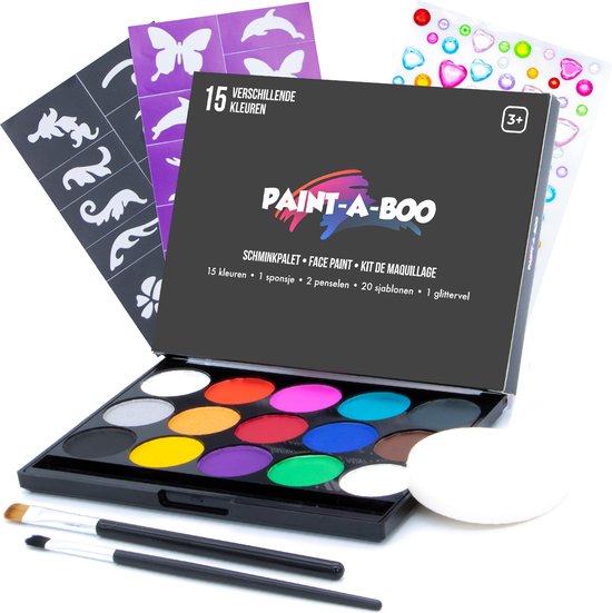 Paintaboo Schminkset op Waterbasis met Penselen, Sponsje, Sjablonen en Glitters - Schmink Palet voor Kinderen 15 Kleuren x 3 Gram