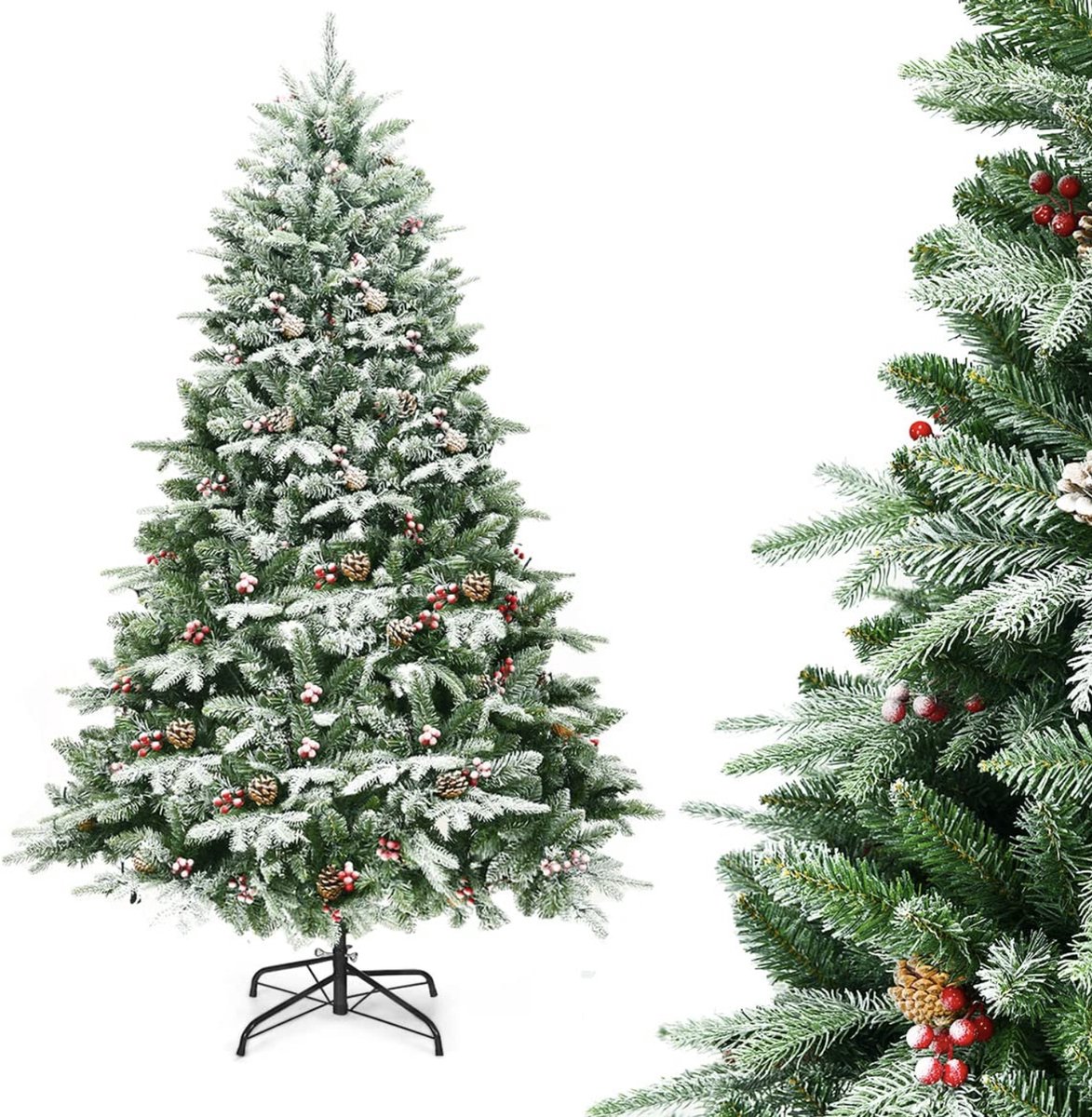 Mara Kunstkerstboom - Dennenappels Rode bessen - Sneeuwde dennenboom - Kunstboom - PVC naalden - Metalen standaard - Inklapsysteem - Kerstmis - Feestdagen - Kerstboom - 195 cm