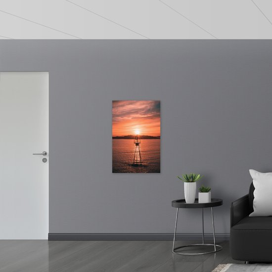 Canvas - Routerpaal in het Water met Zonondergang - 60x90 cm Foto op Canvas Schilderij (Wanddecoratie op Canvas)