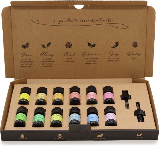 Set van twaalf 5ml etherische oliën in een kartonnen doos. De oliën zijn gerangschikt in twee rijen van zes, met druppelaars ernaast. De deksel toont zes categorieën: Citrus, Minty, Floral, Hibiscus, Spicy, Woody.