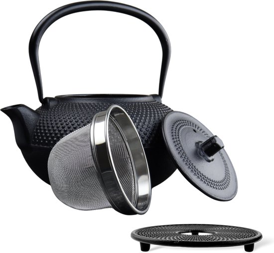 Orange85 Theepot met onderzetter - Tetsubin - Japans - Theebus - Zwart - 1.5L - Gietijzer - Warmtehoudend