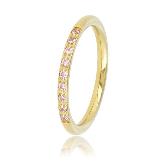 Fijne aanschuifring goudkleurig met roze steentjes - Smalle en fijne ring met roze zirkonia steentjes - Met luxe cadeauverpakking