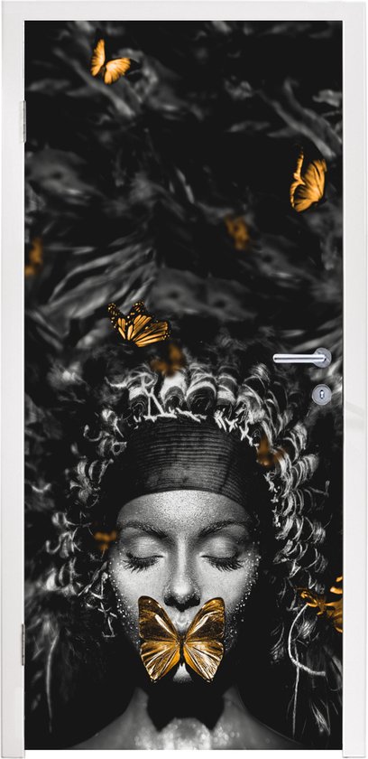 Deursticker Vrouw - Vlinders - Zwart - Wit - 80x205 cm - Deurposter