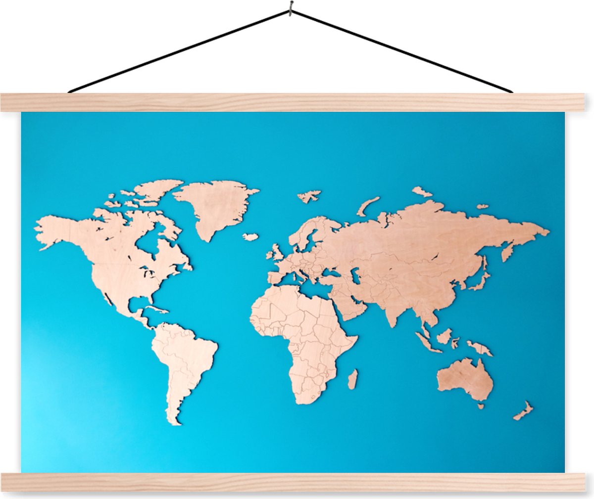 Carte du monde en bois sur fond bleu affiche textielposter vierge 90x60 cm Carte du monde en bois sur fond bleu affiche textielposter vierge 90x60 cm