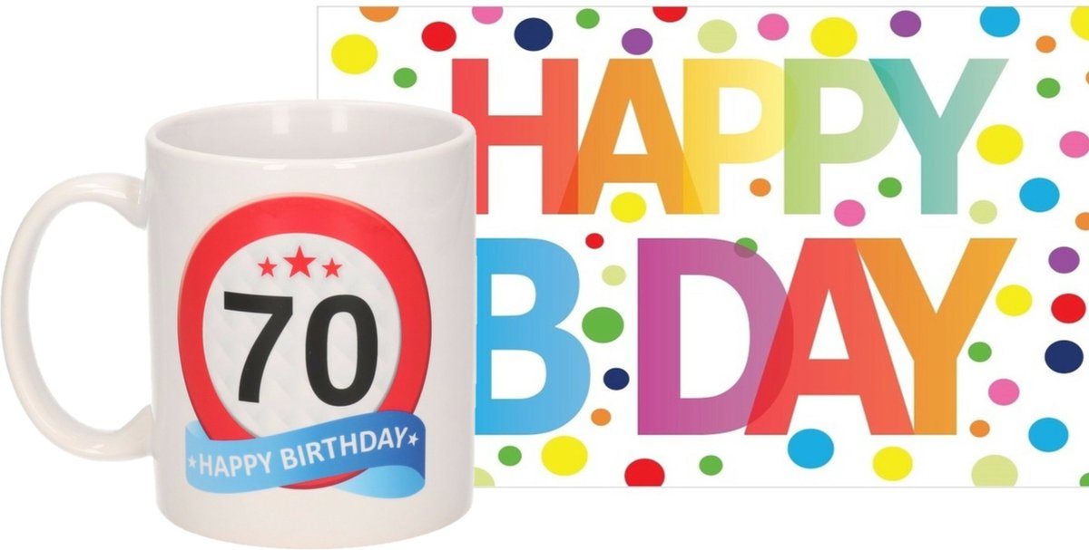 Verjaardag cadeau mok/beker 70 jaar print 300 ml + A5-size wenskaart Happy Birthday