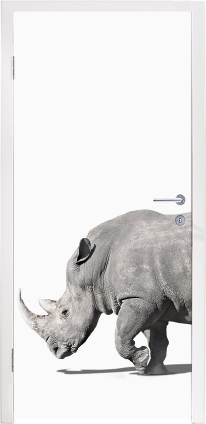 Deursticker Neushoorn - Dieren - Wit - 90x235 cm - Deurposter