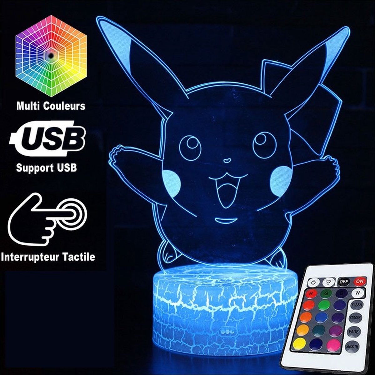 AO® Nachtlamp – 3D lamp – 16 Kleuren – Bureaulamp –Pikachu HU - Sfeerlamp – Nachtlampje Kinderen – Creative lamp - Met afstandsbediening