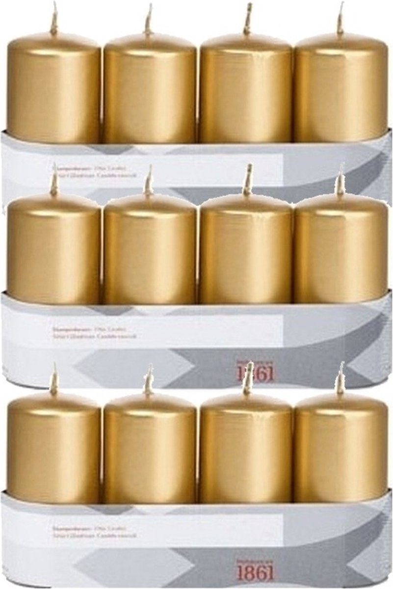 Trend Candles Cilinderkaarsen - 12x - goud - 5 x 10 cm - 18 branduren - geurloos - wax - kaarsen Goudkleurig