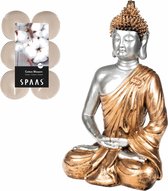 Statue de Bouddha pour intérieur 35 cm avec 12x bougies parfumées Fleur de Cotton - Statue de Bouddha avec bougies chauffe-plat / bougies chauffe-plat