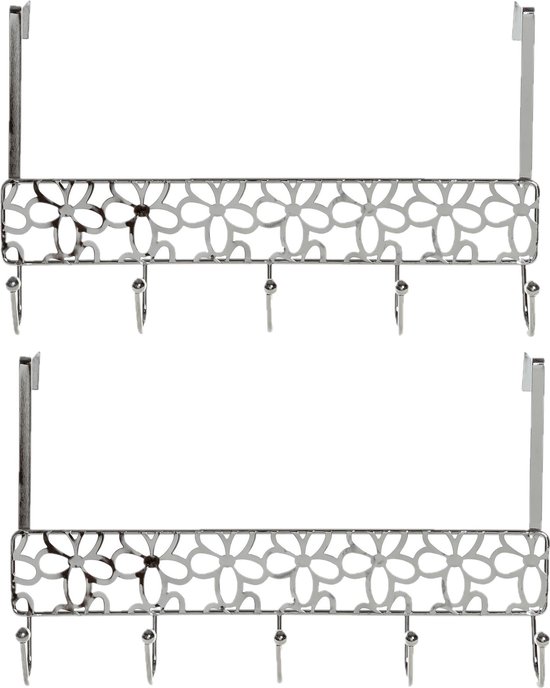 2x stuks deurhangers kapstok zilver met bloemenpatroon en 5 haken 32 cm - Badkamer/slaapkamer kapstok - Deurkapstokken