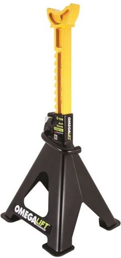 Zwarte jackstand met een verstelbare gele stang, "OMEGALIFT 6 TON" is erop gedrukt.