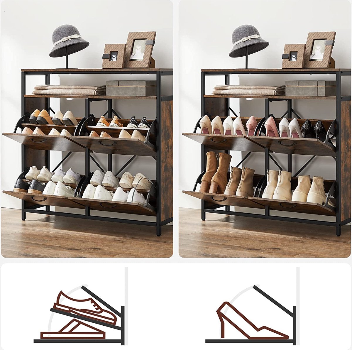 WOLTU Schoenenkast met 3 kleppen, schoenenrek gesloten, schoenenkast smal, van metaal, voor hal of woonkamer, 50 x 106 x 15 cm, wit, SRX41ws